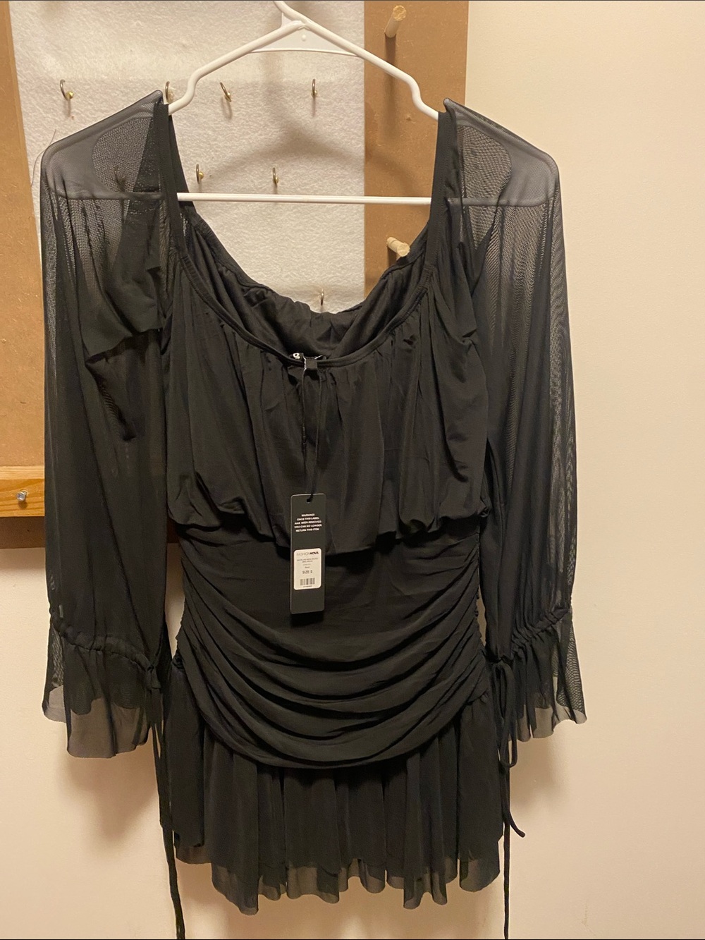 Women’s Black Ruched Mesh Sleeve Mini Dress